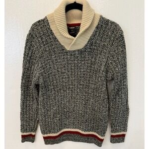 Men's Wool Blend Sweater by Far West Shawl Collar Sleeve Stripes Grey Large